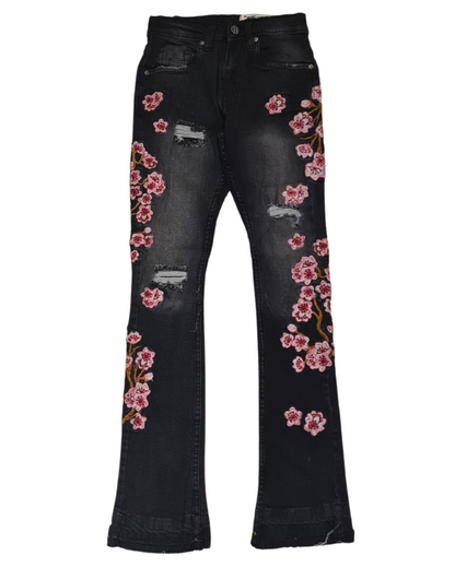 Kids Flowers Printed Stacked Jeans 330123