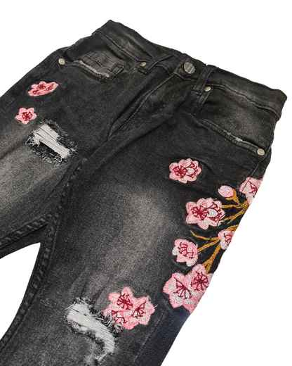 Flowers Print Stacked Jeans 330123