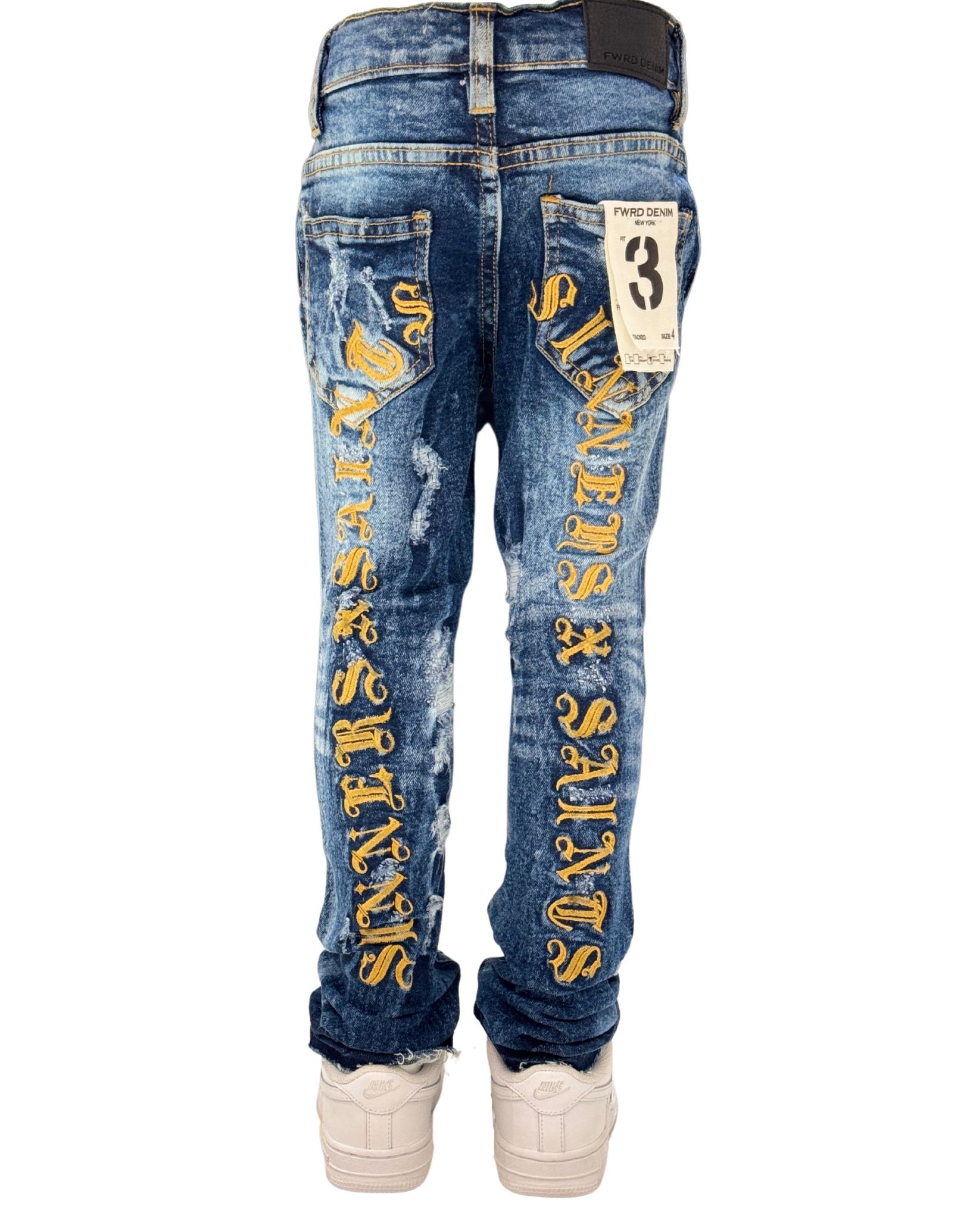 【SATIIIZ】Eddie Flame Curved Denim Pants Edikted Fame Print Denim Jeans - Black/Blue – Dolls Kill