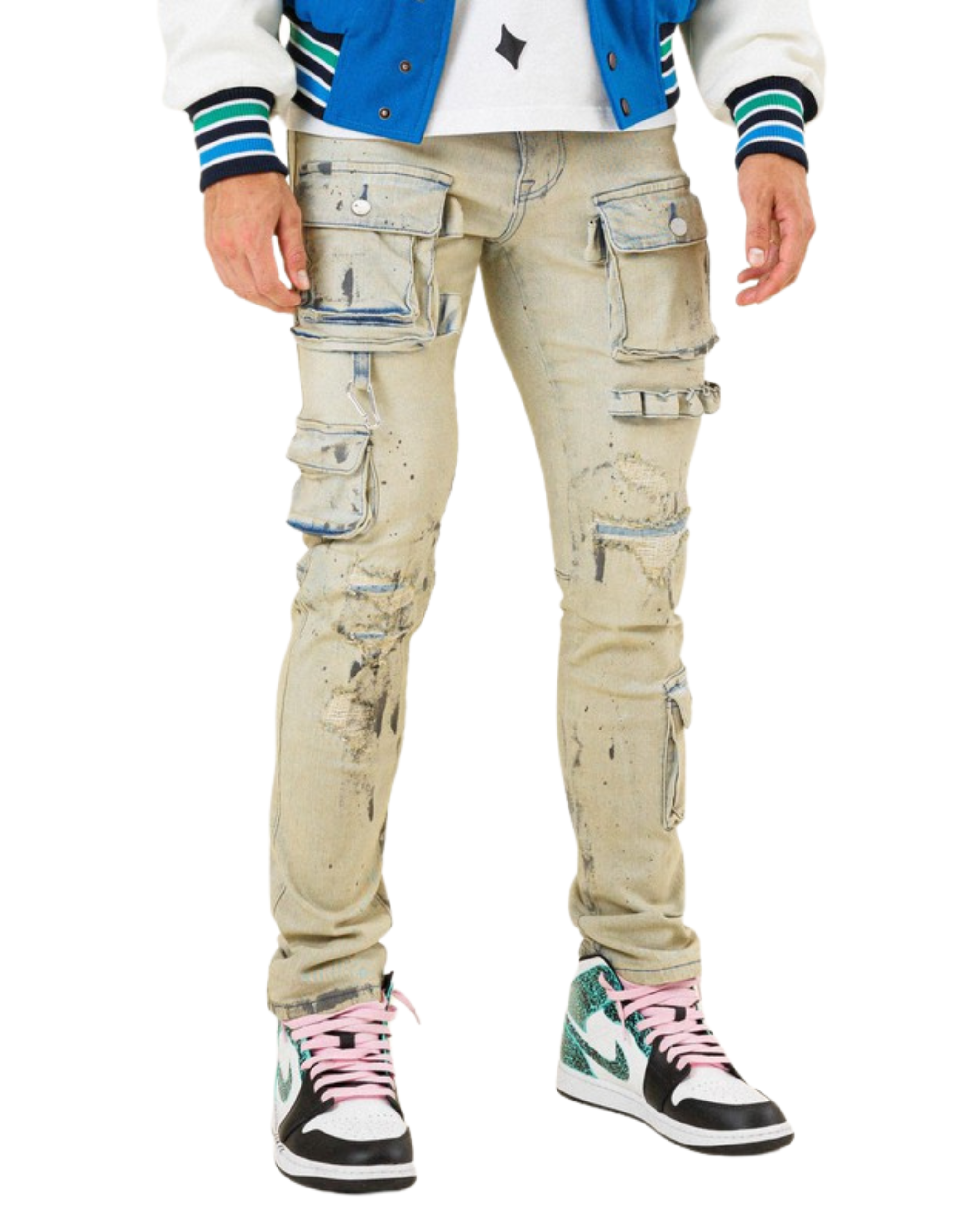 Multi Cargo Pocket Slim Fit Denim Pants