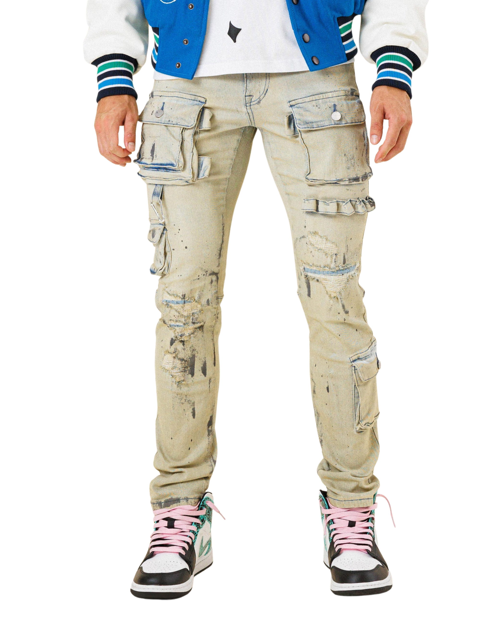 Multi Cargo Pocket Slim Fit Denim Pants